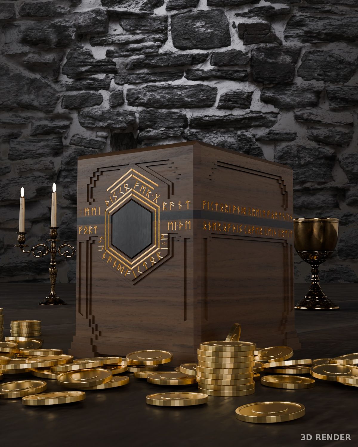The gold coffer against a stone wall with candles