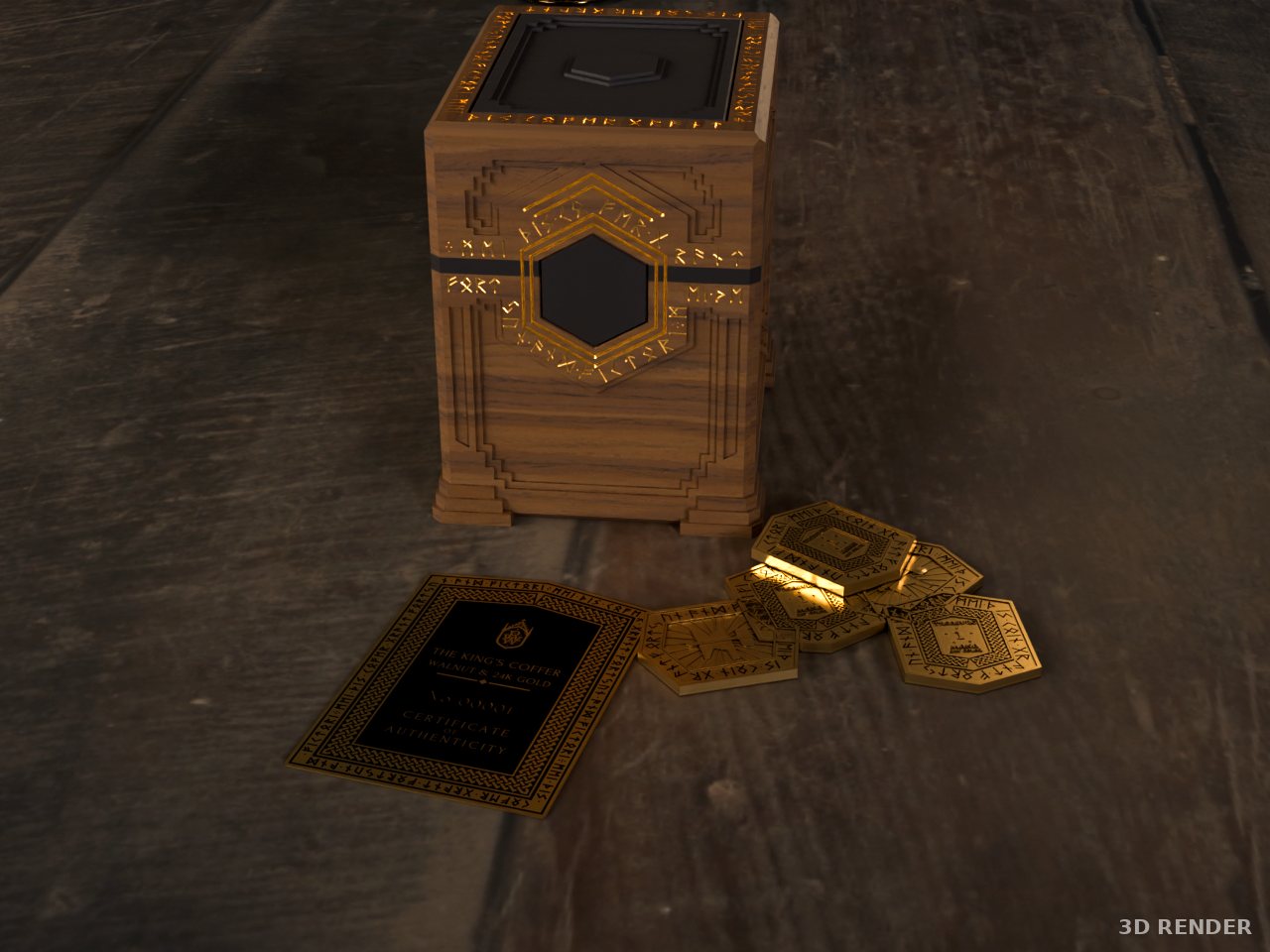 The King’s Coffer closed on a table, with its certificate-of-authenticity divider and a scatter of brass treasure token coins