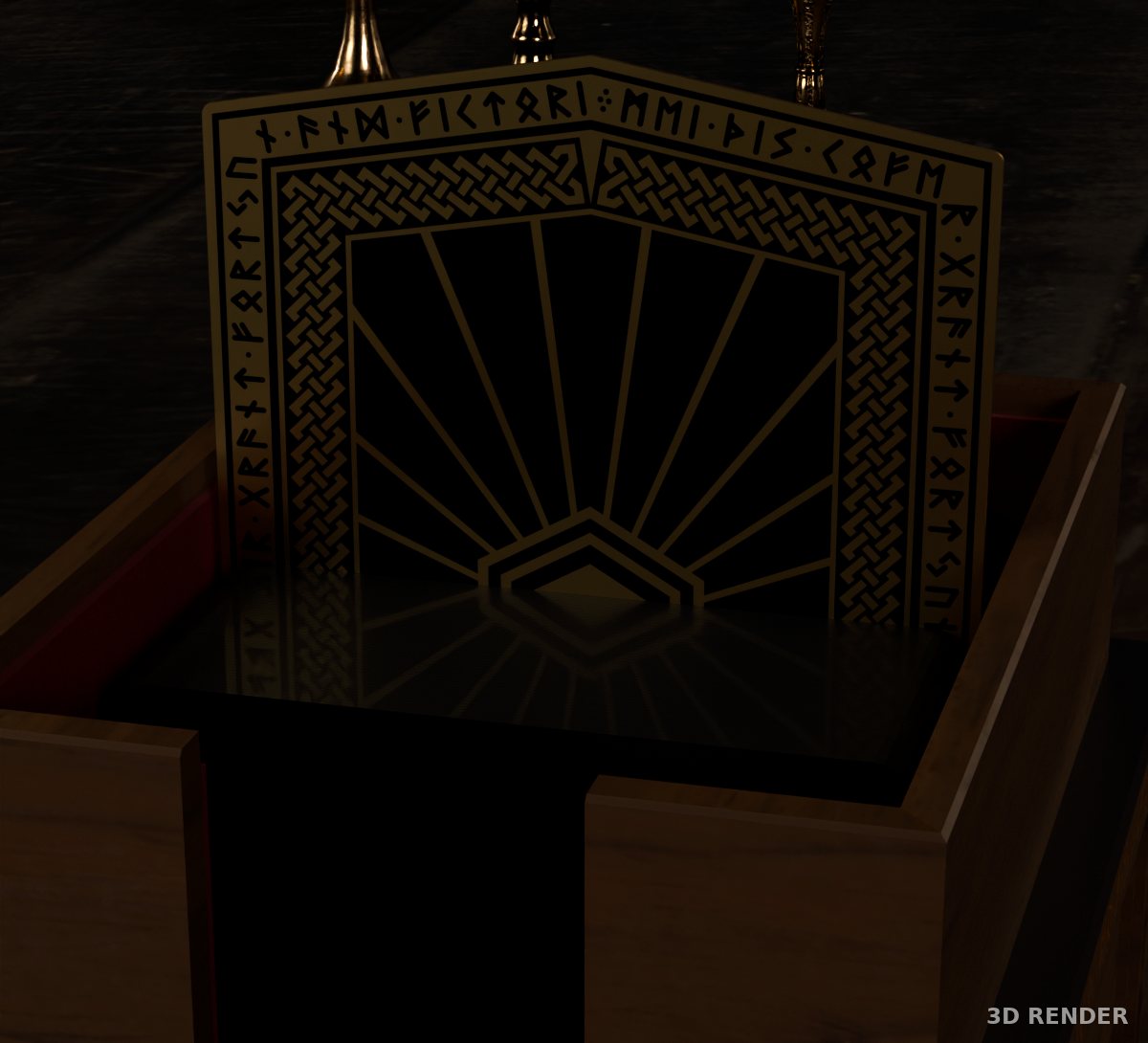 The etched metal divider standing in the open box: a dwarven gateway in gold-tone metal and black